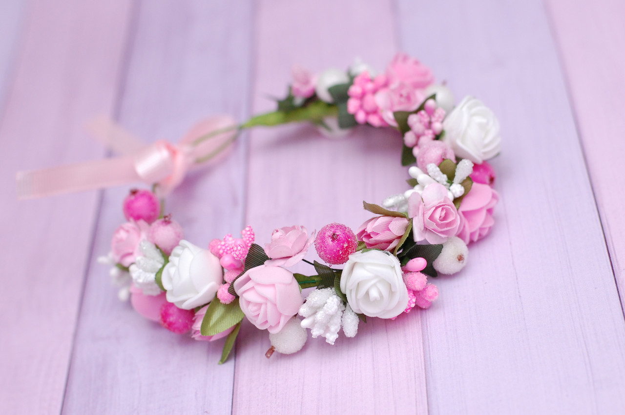 Пов'язка прикраса на гульки / пучок з квітами дитяча на голову для дівчинки біло-рожева, фото 1