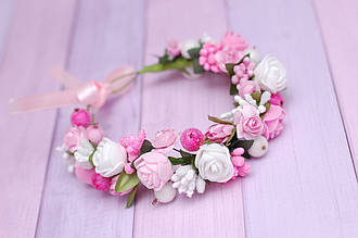 Пов'язка прикраса на гульки / пучок з квітами дитяча на голову для дівчинки біло-рожева