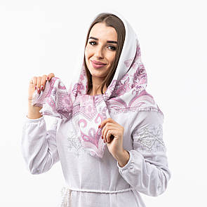 Кашемірова хустка з квітковим принтом 100х100см Біло-бузкова