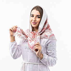 Кашемірова хустка з квітковим принтом 100х100см Біло-коралова