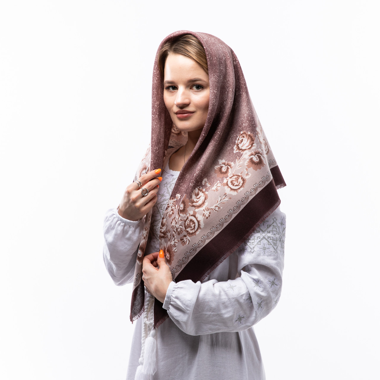 Хустка з віскози з квітковим принтом 100х100см Сіро-коричнева, фото 1