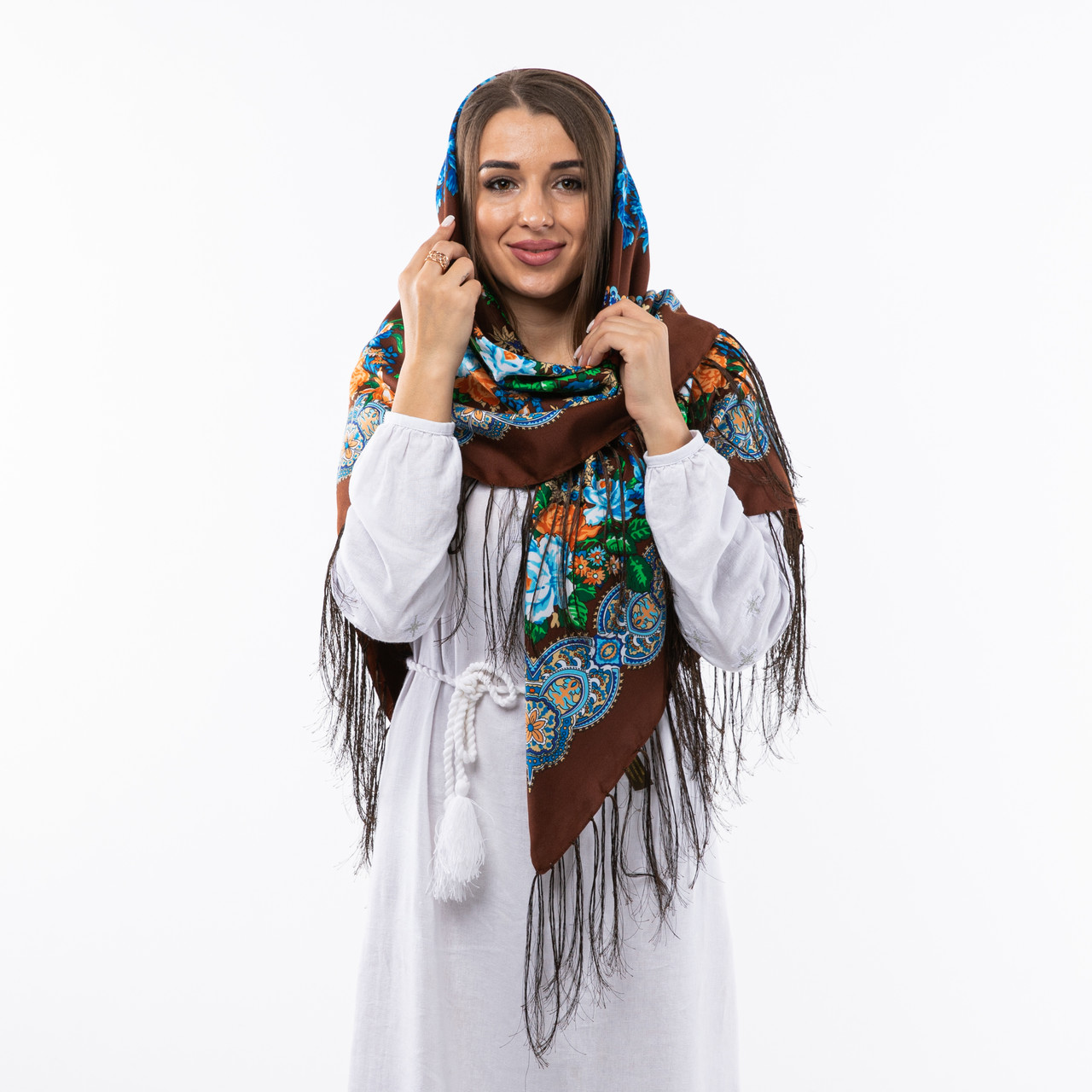 Велика хустка з шовковими тороками 120х120см Коричнева