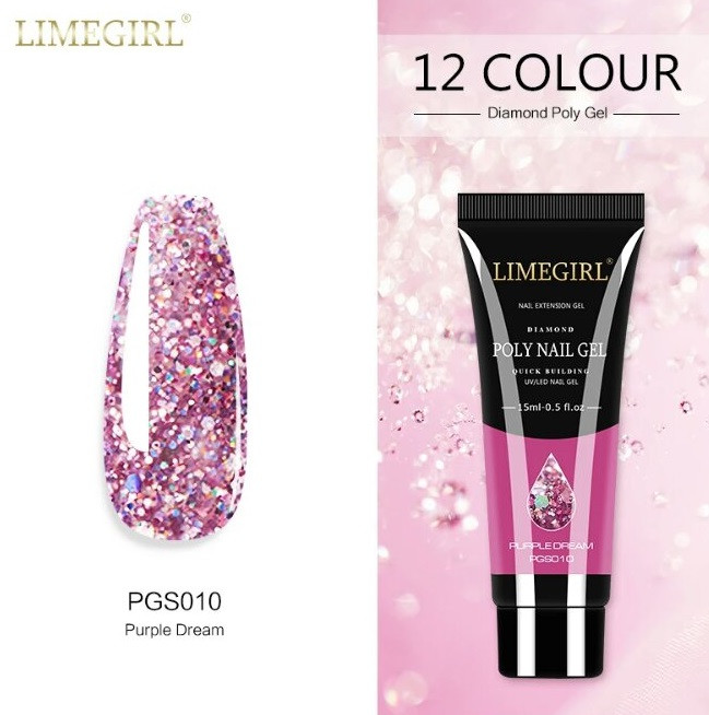 Акригель, полігель рожевий із блискітками purple dream, 15 мл, фото 1