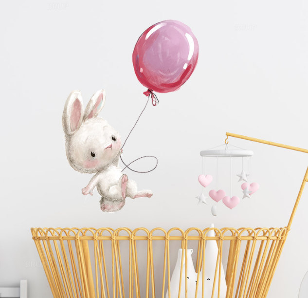Вінілова наклейка на стіну в дитячу Зайчик на повітряній рожевій кульці (лист 30 х 90 см) Б194-9