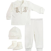 Крестильный набор для мальчика с ангелами (рубашка, штаны, шапка, пинетки) кремовый, Ладан молочний, 26
