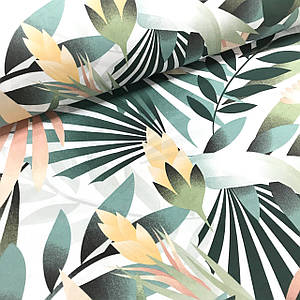 Тканина Польська бавовняна, велике листя рослин жовто-зелені на білому (0360)