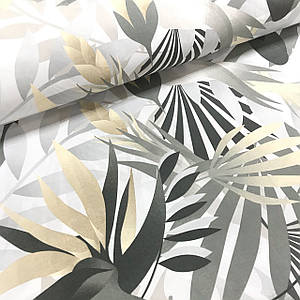 Тканина Польська бавовняна, велике листя рослин бежево-сірі на білому (0362)