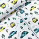 Бавовняна тканина Польська, намальовані машинки жовто-блакитні в лісі на світло-сірому (0269), фото 2