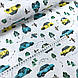 Бавовняна тканина Польська, намальовані машинки жовто-блакитні в лісі на світло-сірому (0269), фото 3