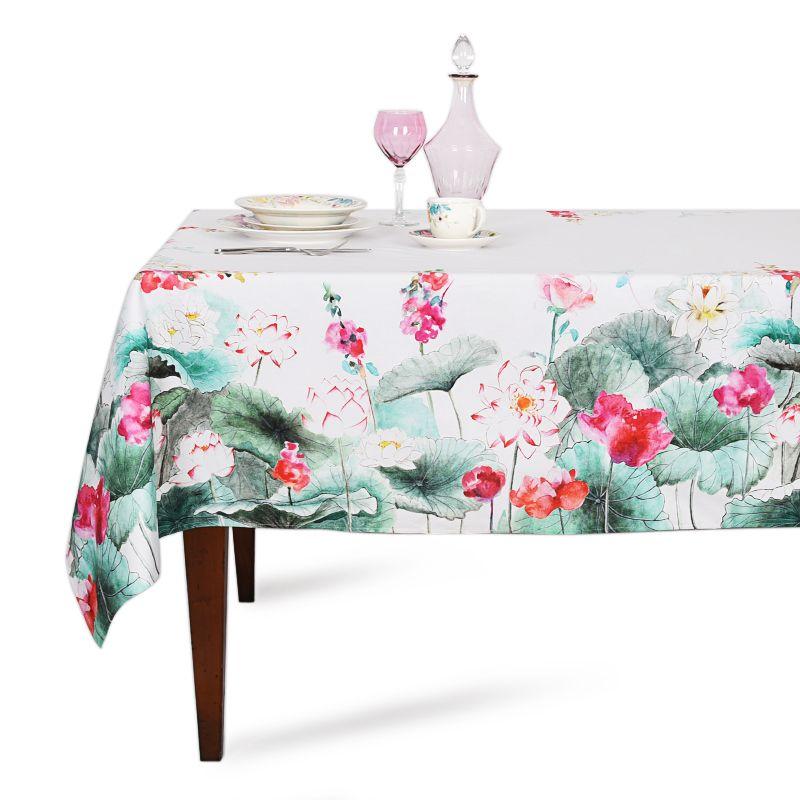 Скатертина бавовняна з тефлоном і малюнком "Квіти на воді" Villa Grazia Premium, 160x240 см