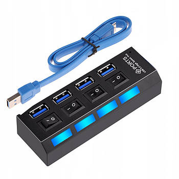 Розгалужувач USB Хаб на 4 порти, Чорний / Перехідник USB 3.0, 220V / Хаб для ноутбука