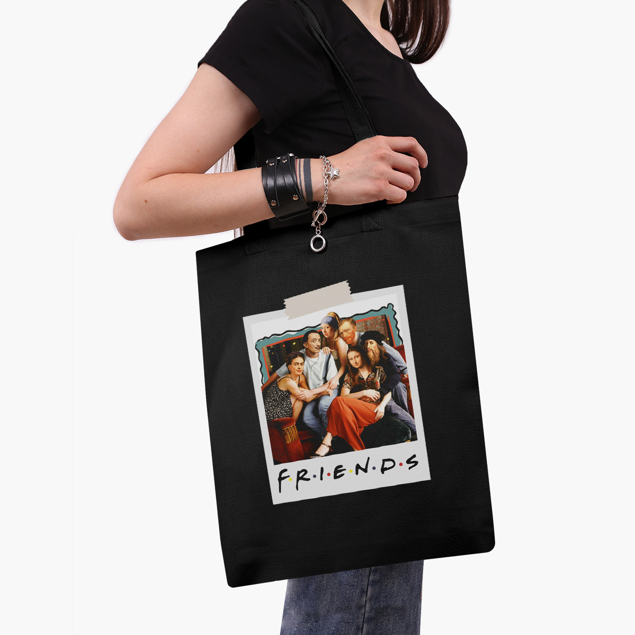 Друзі Ван Гог і Фріда Кало і Мона Ліза чорна саржа, шопер з принтом, фото 1