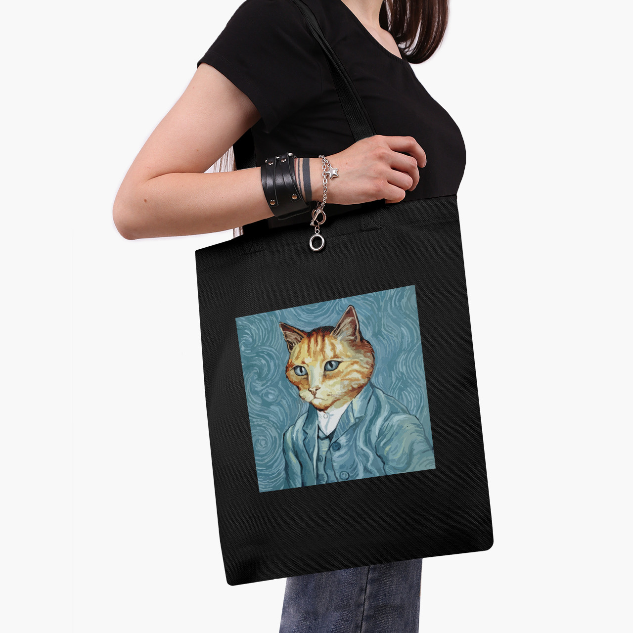 Еко сумка Кіт Вінсент Ван Гог чорна саржа, шопер з принтом