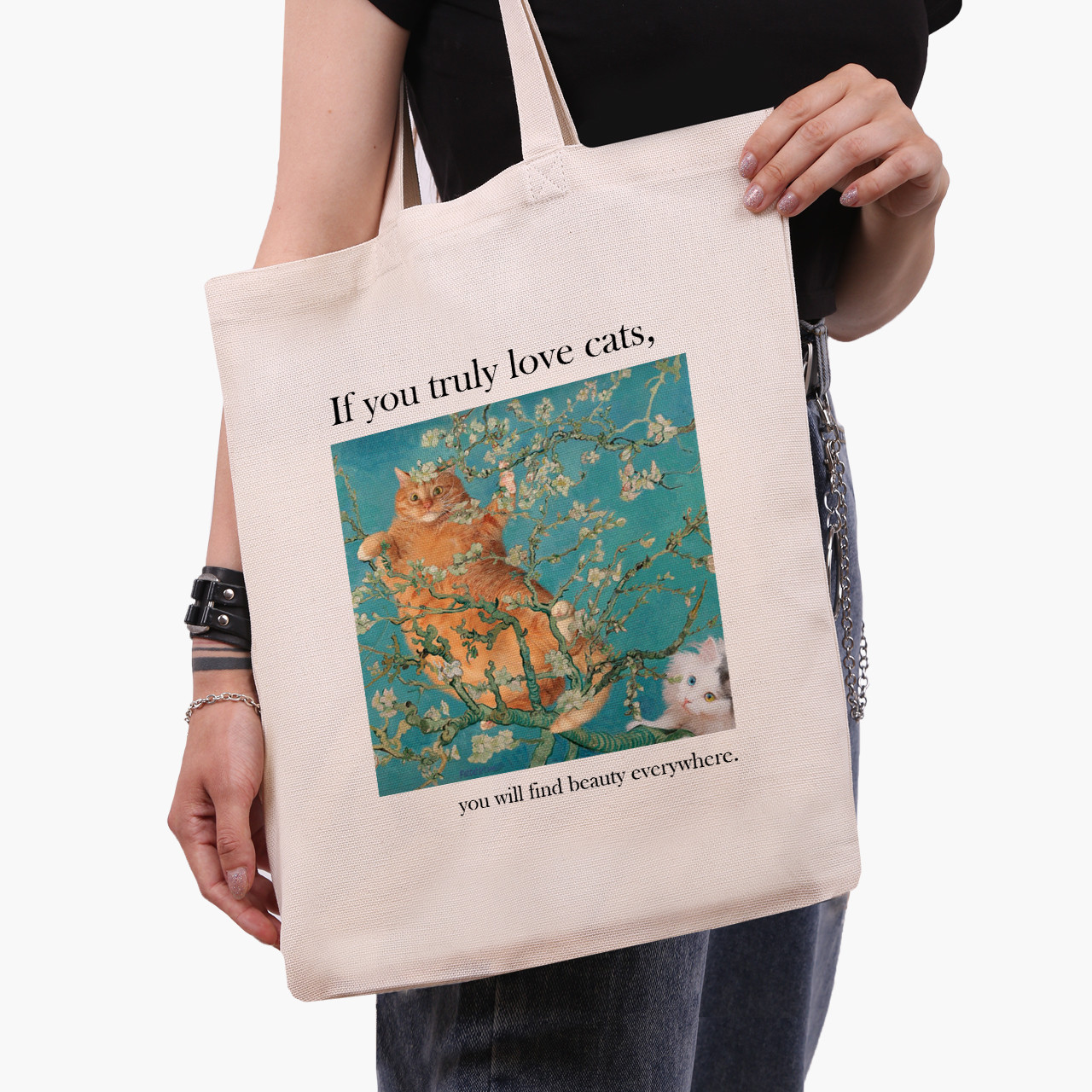 Еко сумка Кіт Вінсент Ван Гог (Vincent van Gogh Cat) бежева канвас з принтом, фото 1