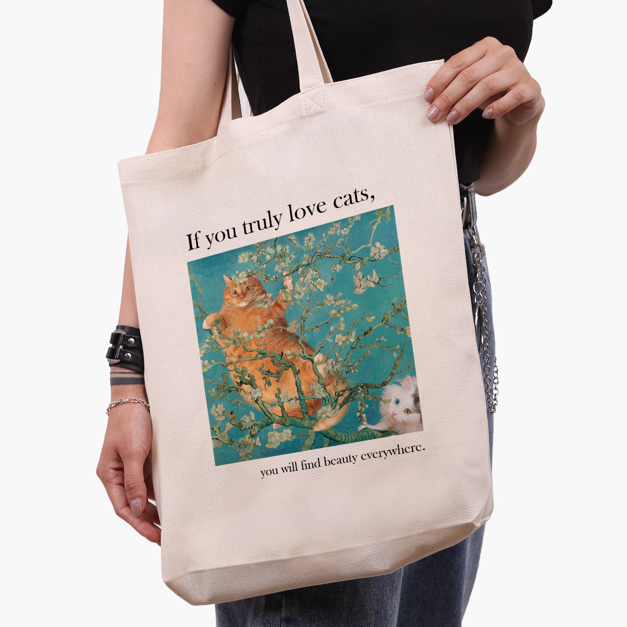 Еко сумка Кіт Вінсент Ван Гог (Vincent van Gogh Cat) бежева з широким дном канвас