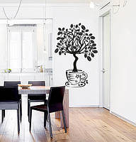 Виниловая наклейка на стену Кофейное дерево (дерево с листиками зернами кофе в горшке) матовая 670х1000 мм