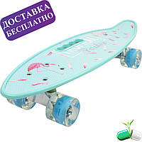 Блакитна пінні борд із малюнком Фламінго та зі світними колесами