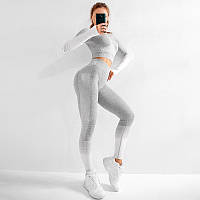 Спортивный женский костюм для фитнеса бега йоги. Спортивные лосины леггинсы рашгард для фитнеса Размер M серый