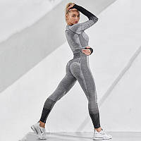 Спортивный женский костюм для фитнеса бега йоги. Спортивные лосины леггинсы рашгард для фитнеса Размер M серый