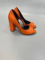 Эксклюзивные женские кожаные туфли открытые, оранжевые. Туфли натуральная кожа на каблуке яркие оранжевые