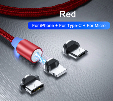 3в1 2м. червоний Магнітний Кабель зарядного пристрою і три насадки Micro USB + IOS + Type-C