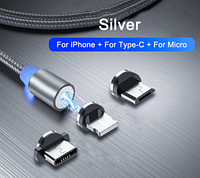 3в1 2м. серый Магнитный Кабель зарядного устройства и три насадки Micro USB + IOS + Type-C