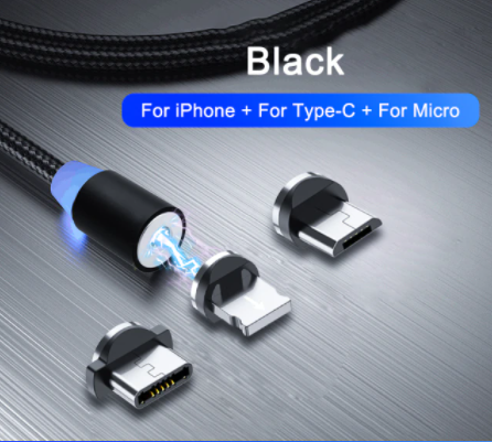 3в1 2м. чорний Магнітний Кабель зарядного пристрою і три насадки Micro USB + IOS + Type-C