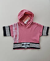 Футболка для девочки р.104-128 см стильная короткая розовая футболка для девочки с капюшоном Турция