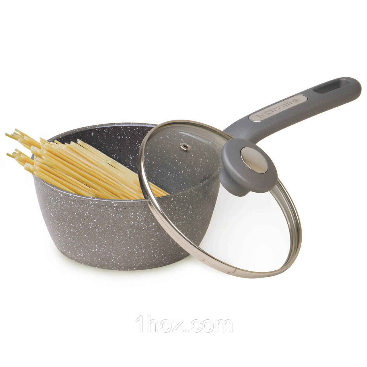 Ківш із кришкою Kamille KM-4279GR 1.6л Сірий Ківш для кухні Ківш зі скляною кришкою Ківш із литого алюмінію