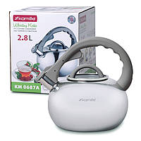 Чайник Kamille Сірий 2.8 л з нержавіючої сталі зі свистком і скляною кришкою для індукції і газу KM-0687A