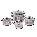 Набір посуду Kamille з нержавіючої сталі 9 предметів для індукції і газу (2.1 л, 2.9 л, 3.9 л, 6.5 л) KM-4505S, фото 6