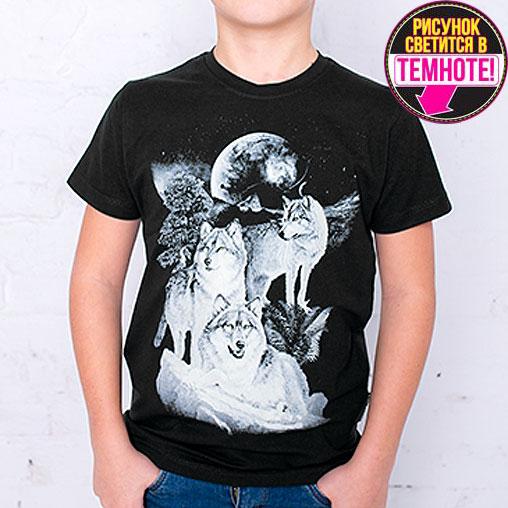 Светящаяся футболка для подростков "Три волка" черный рост 134-140