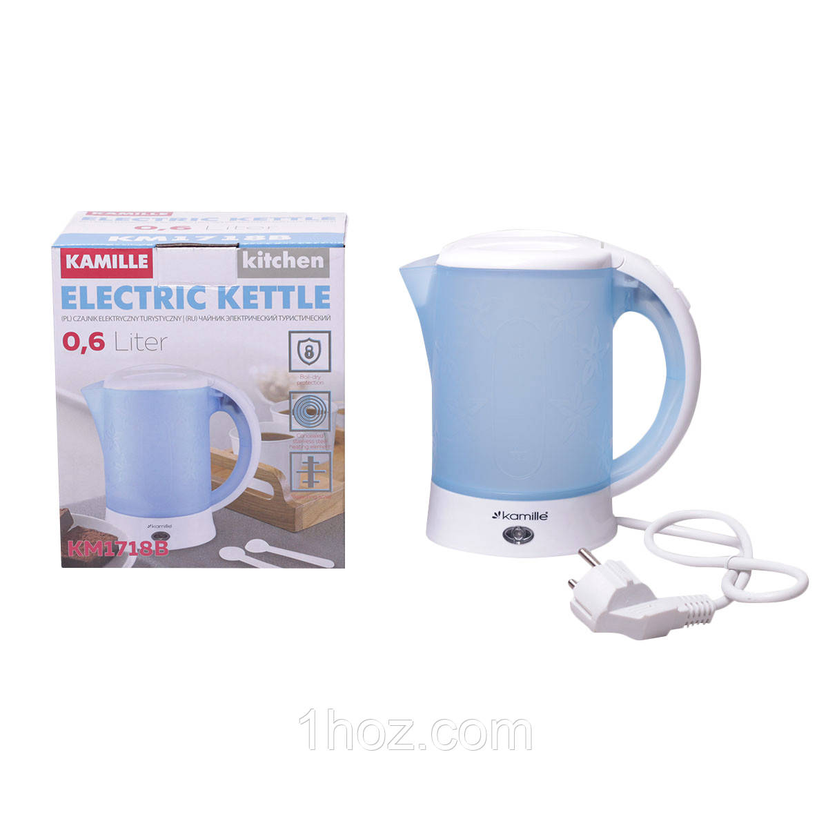 Чайник електричний Kamille 0.6 л пластиковий (білий/блакитний c чашками і ложками) KM-1718B, фото 1