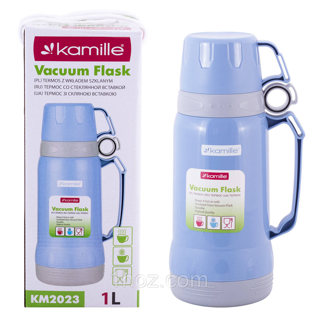 Термос Kamille Блакитний 1000мл пластиковий зі скляною колбою KM-2023, фото 1