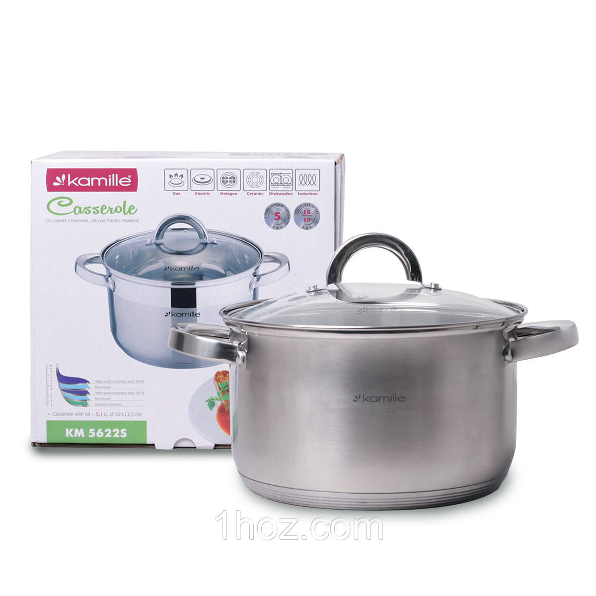 Каструля з кришкою Kamille KM-5622S 4.5л Каструля з нержавіючої сталі Якісна каструля для плити