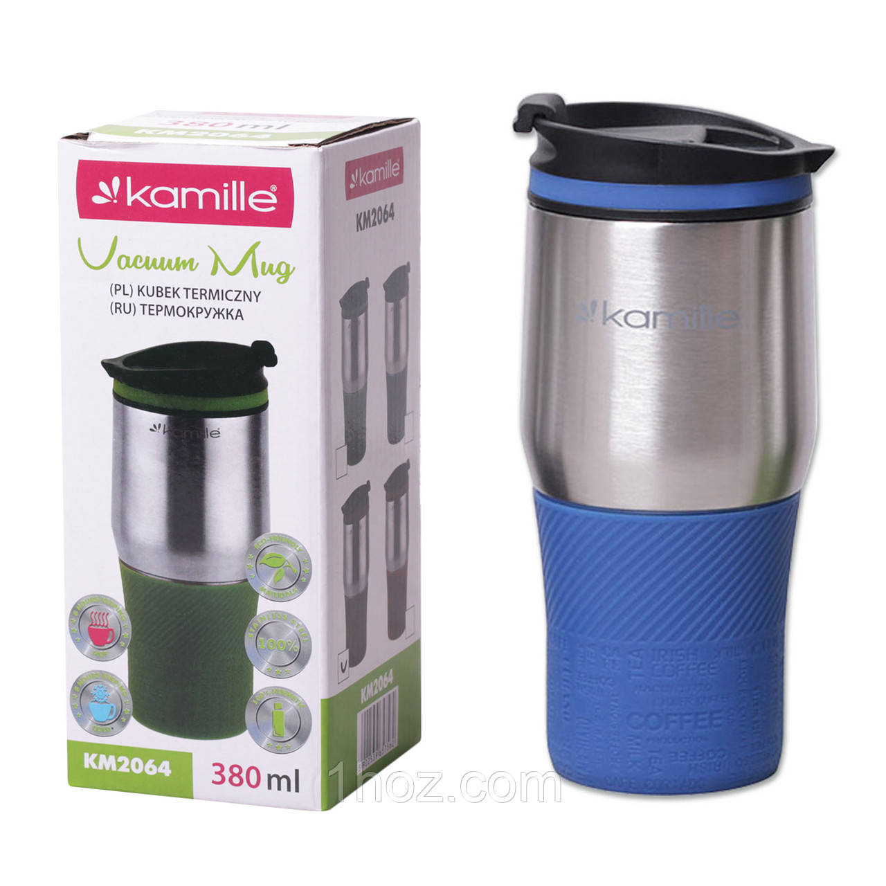 Термокружка Kamille 380мл з нержавіючої сталі з TPR-вставкою KM-2064, фото 1
