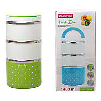 Ланч бокс Kamille Зелений 1480мл для обідів з пластику та нержавіючої сталі KM-2104