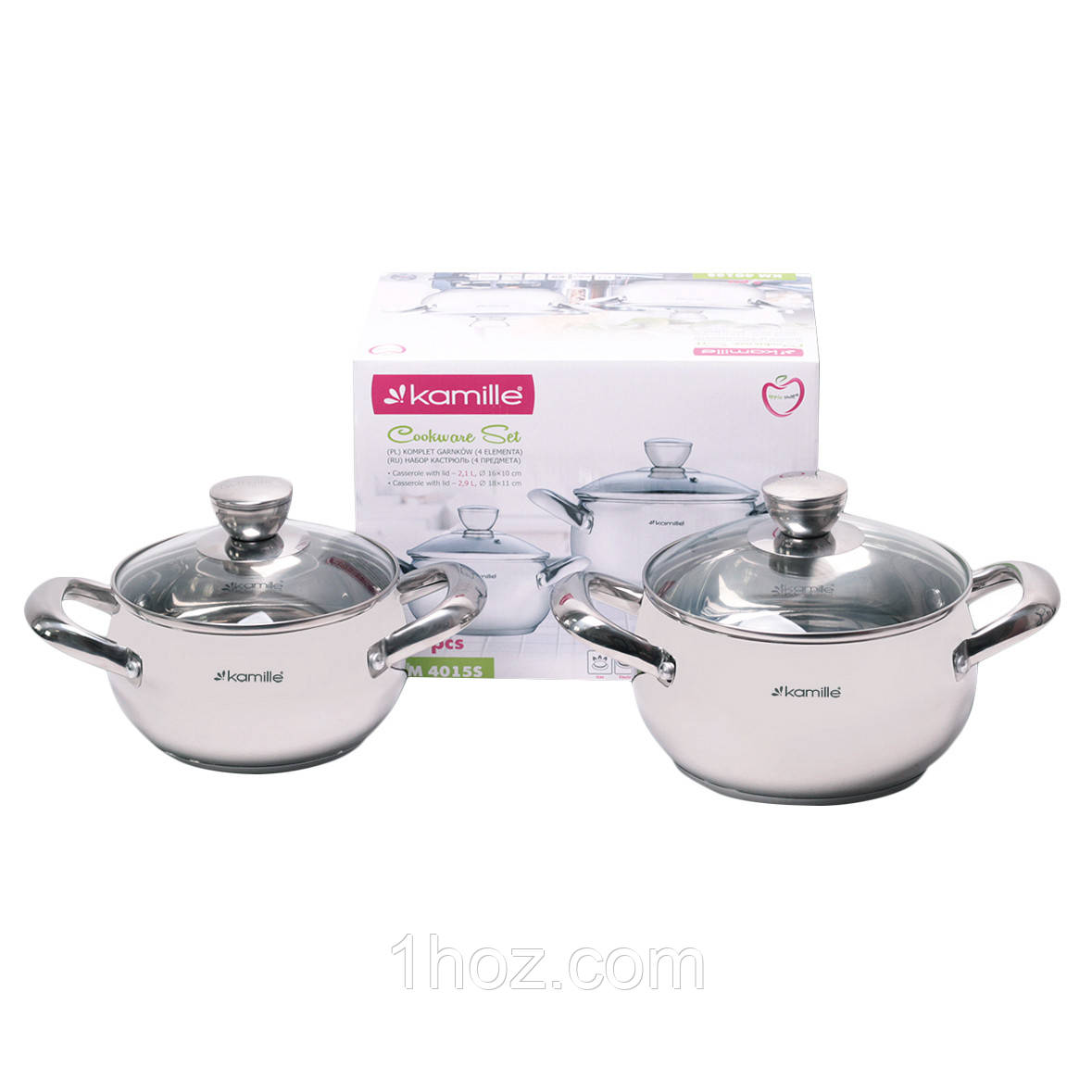 Набір каструль Kamille 4 предмета (2.1 л, 2.9 л) з нержавіючої сталі KM-4015S, фото 1
