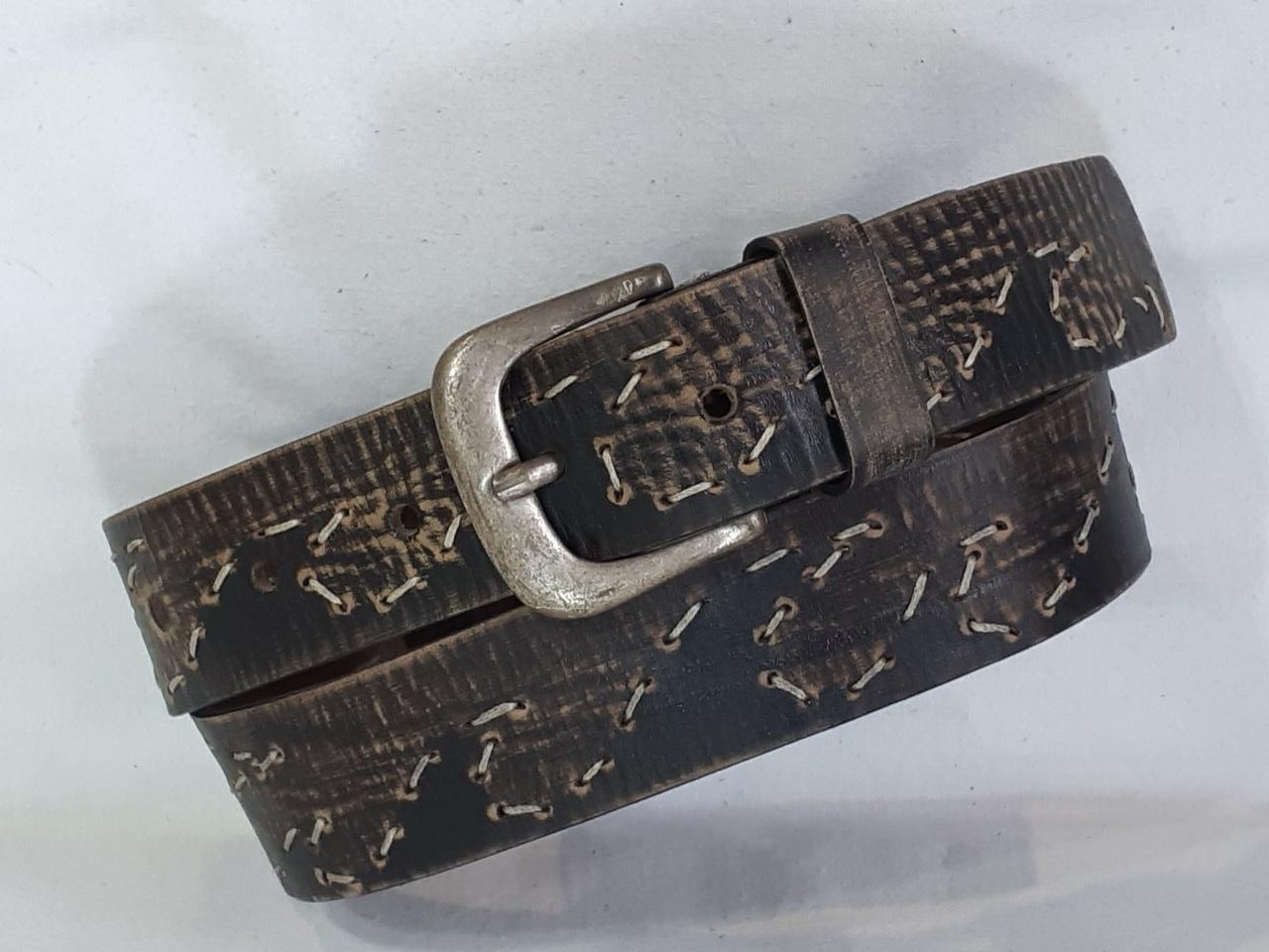 Ремінь унісекс джинсовий 40 мм чорно-коричневий ручної роботи з краплеподібною дюралевою пряжкою