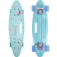 Блакитний пінні борд із малюнком Фламінго Flamingo м'ятний з ручкою 22" скейт зі світними колесами