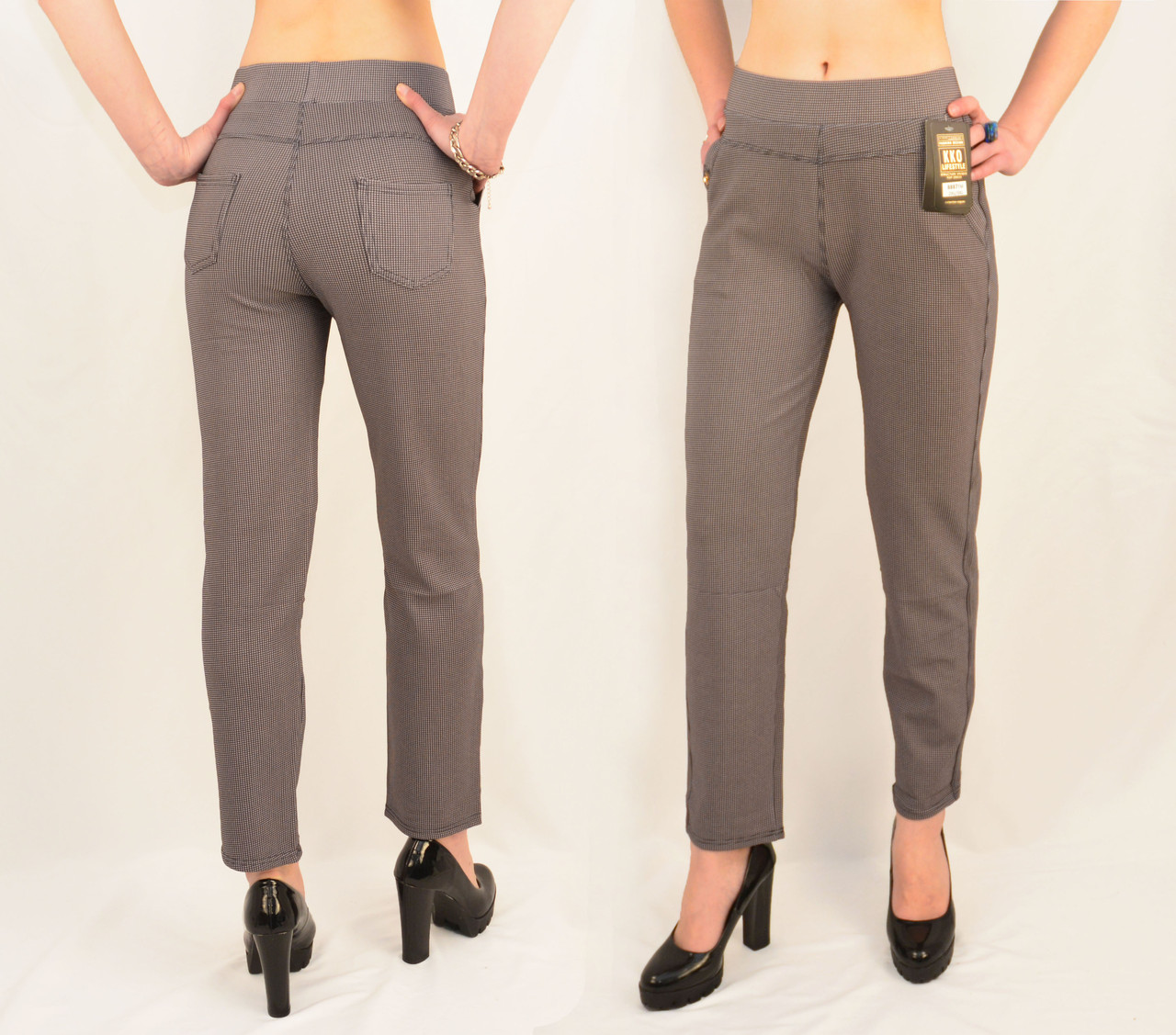 Штани жіночі офісні в дрібну карту Лосини картаті з кишенями 2XL — 3XL