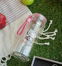 Дитяча скляна термопляшка для води "Hello Kitty" 280мл (ситечком) подвійні стінки