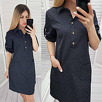 Модное платье-рубашка с карманами в мелкие сердечки, арт 831, цвет тёмно синий