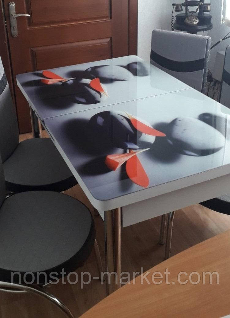 Розкладний обідній кухонний комплект стіл і стільці з 3D малюнком "Галька" ДСП скло 70*110 Лотос-М 3д