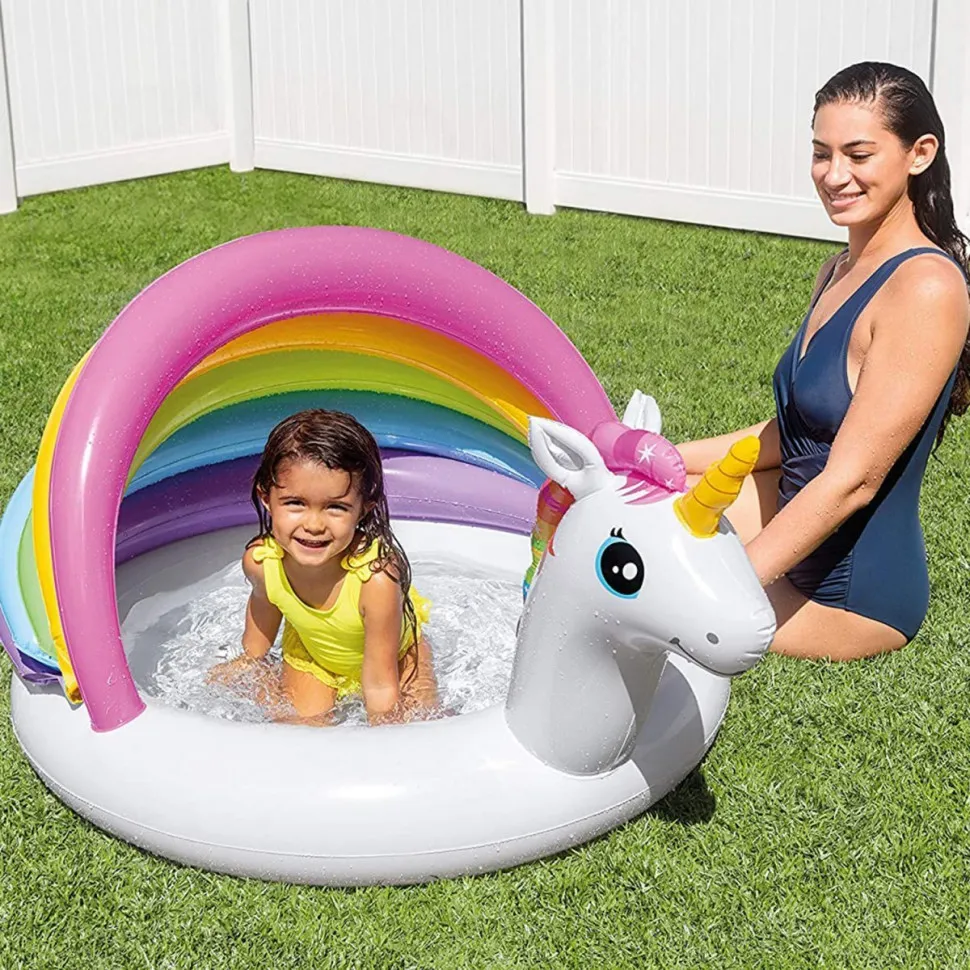 Дитячий надувний басейн для малюків із надувним дном, бортом, навісом і дахом Єдиноріг Інтекс 57113 на 45 л.
