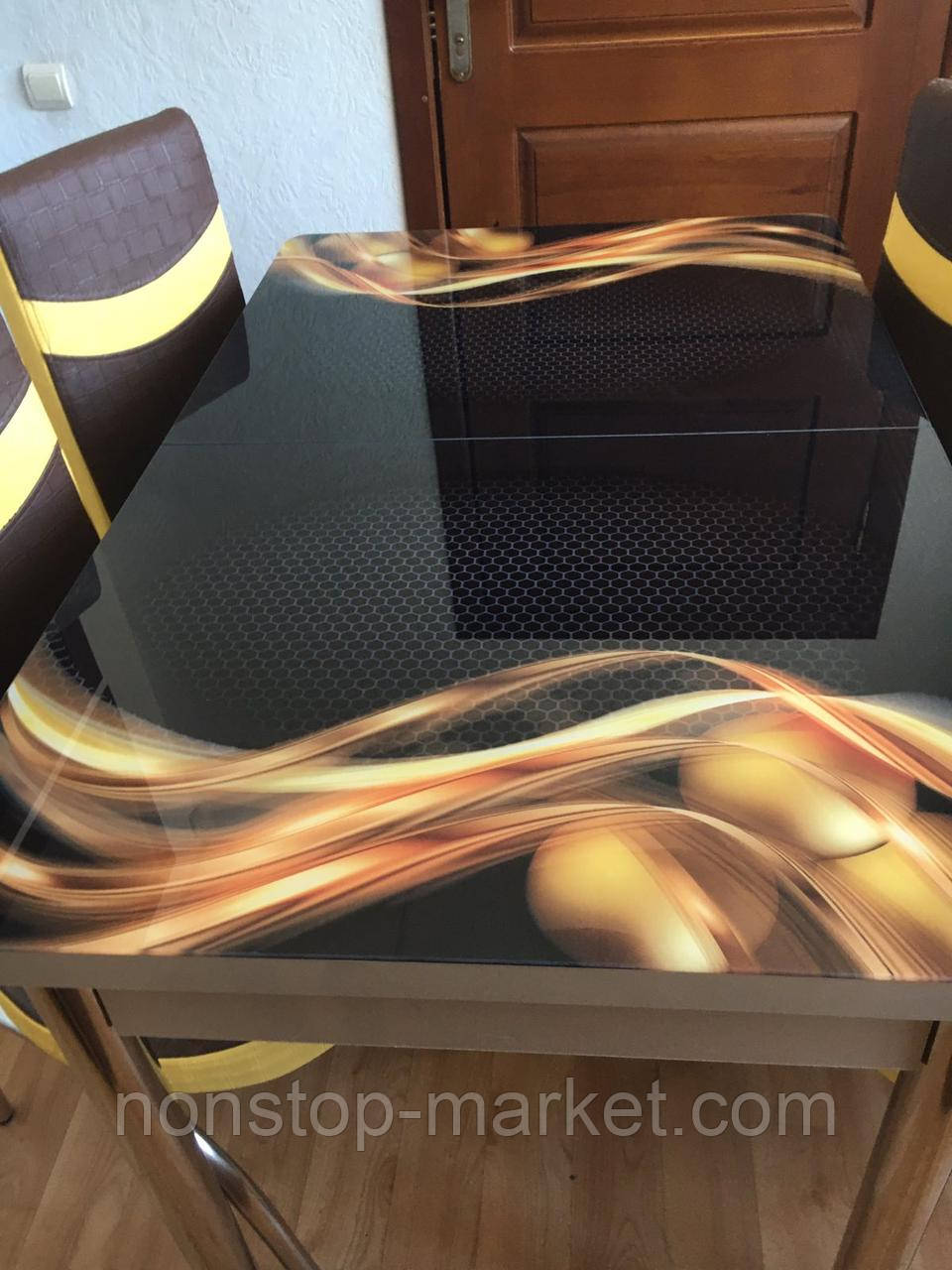 Раскладной обеденный кухонный комплект стол и стулья с 3D рисунком "Желтые волны" ДСП стекло 70*110 Лотос-М 3д - фото 2 - id-p1414962883