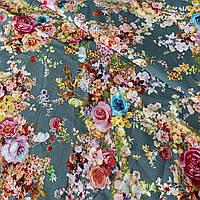 Штапель з яскравими квіточками на зеленому тлі, ш. 140 см