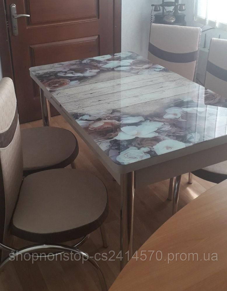 Розкладний обідній кухонний комплект стіл і стільці з 3D малюнком "Пелюстки" ДСП скло 70*110 Лотос-М 3д