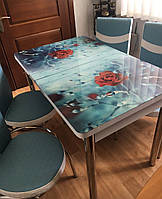 Раскладной обеденный кухонный комплект стол и стулья с 3D рисунком "Голубой бутон" ДСП стекло 70*110 Лотос 3д