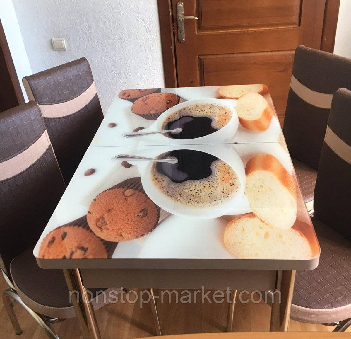 Раскладной обеденный кухонный комплект стол и стулья с 3D рисунком "Кружка кофе" ДСП стекло 70*110 Лотос-М 3д - фото 1 - id-p1414994827